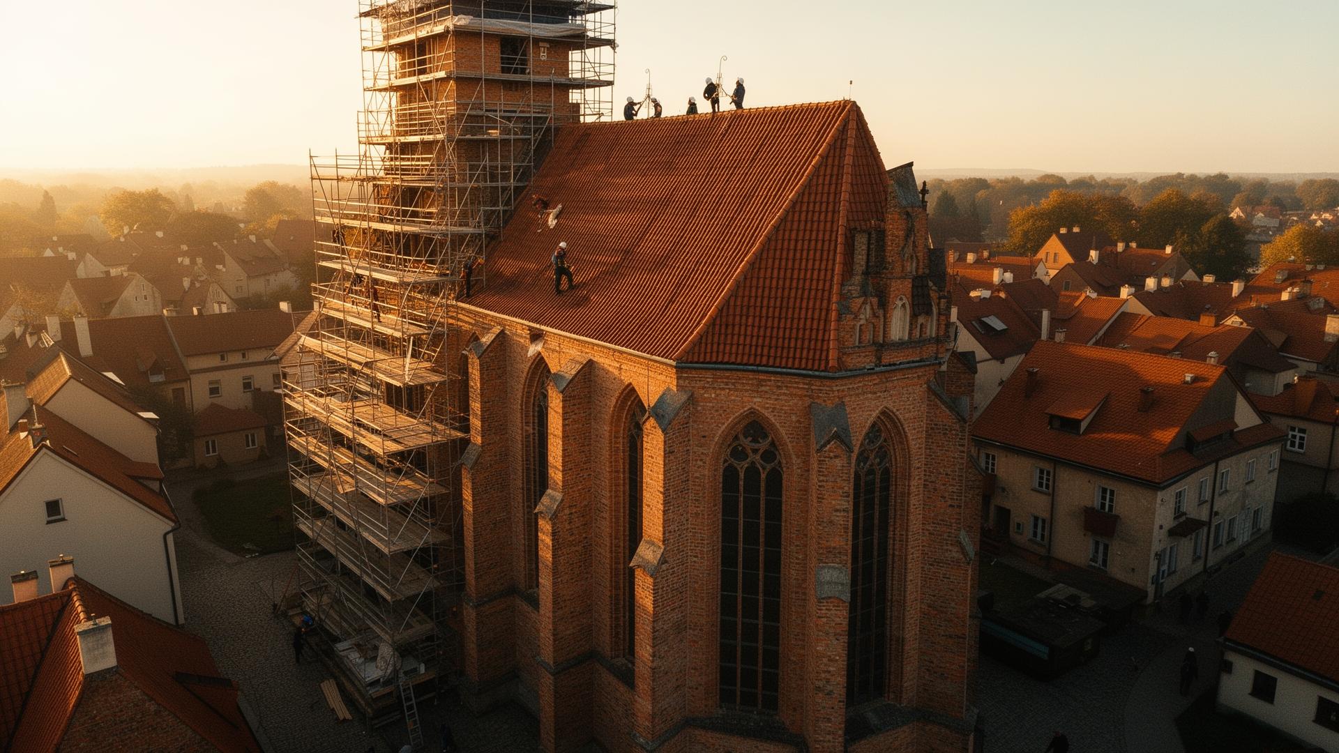 Renowacja zabytkowego ceglanego kościoła, widok z lotu ptaka